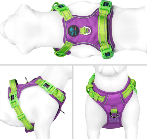 PHOEPET No Pull Dog Harness, Unique Colors Reflective Adjustable Dog Vest, with Soft Training Handle Metal Clips for Small Medium Large Dogs (Purp...