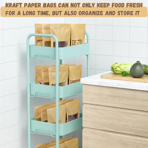 Reusable Food Storage Bags, Resealable Bags for Food, 50 PCS 5.9"×8.7" Kraft Paper Bags with Window,Stand Up Pouches, Brown Paper Bags for Food Pa...