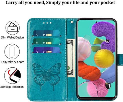 for Samsung Galaxy A51 Case Wallet, Butterfly Floral Embossed, Wrist Strap, Card Holder Slots, Stand Leather Protective Flip Phone Cover (Non 5G V...
