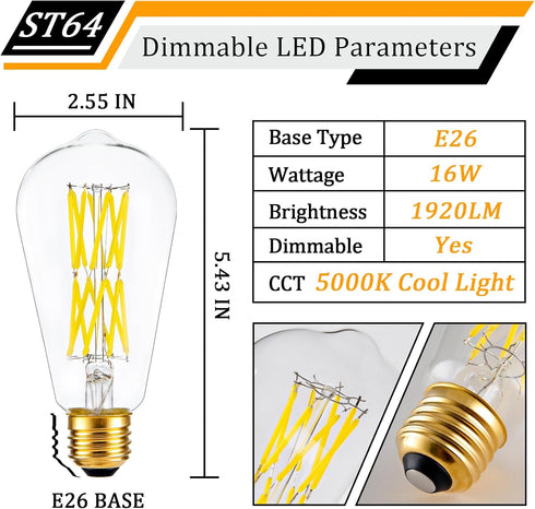 16W Dimmable ST64 Led Bulbs 5000K Daylight White Light Bulbs with 90+ Cri, E26 Base,Clear Glass,1920 lumen,Pack of 4...