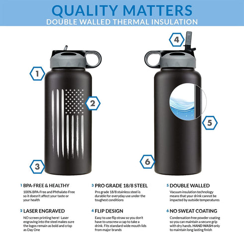32oz American Flag Stainless Steel Insulated Water Bottle - Engraved USA Flag - American Flag Gift Set | Flag 32 oz Water Bottle...