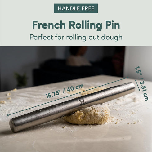 Ultra Cuisine French Rolling Pin for Baking – Tapered Stainless Steel Design with Measurements, Professional or Home Use with Pizza, Cookie, & Pas...