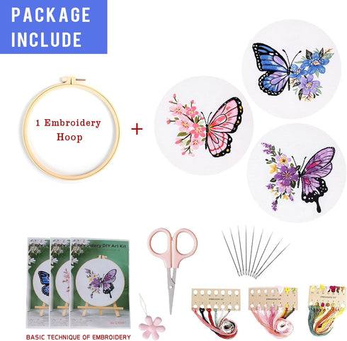 LB Butterfly Embroidery Kit for Beginners Adults, 3 Sets Hand Embroidery Starter Kit with Flower Pattern and Instructions Stamped Cross Stitch Kit...