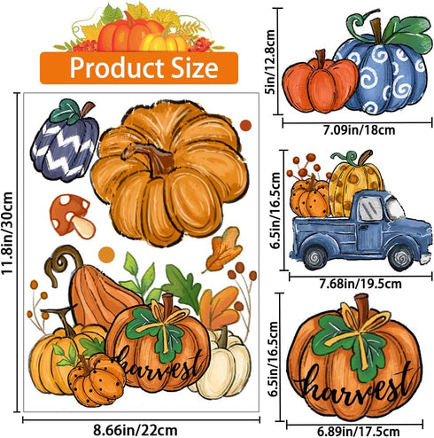6 Sheets Fall Window Clings Double-Sided Window Stickers with Orange Maple Leaves Pumpkins Blue Truck Thanksgiving Window Decals for Autumn Home H...