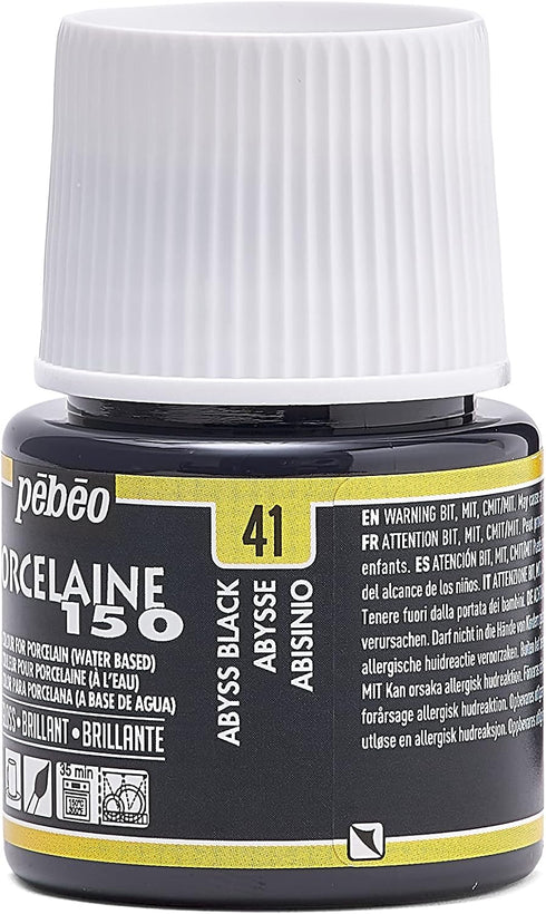 Pebeo Porcelaine 150, Water-Based High-Gloss Color Porcelain Paint, 45 ml Bottle - Abyss Black...