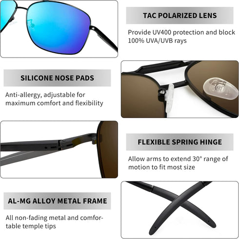 Polarized Aviator Sunglasses for Men, Rectangle Square Metal Frame, Retro Pilot Sport Sun Shades for Driving Running...
