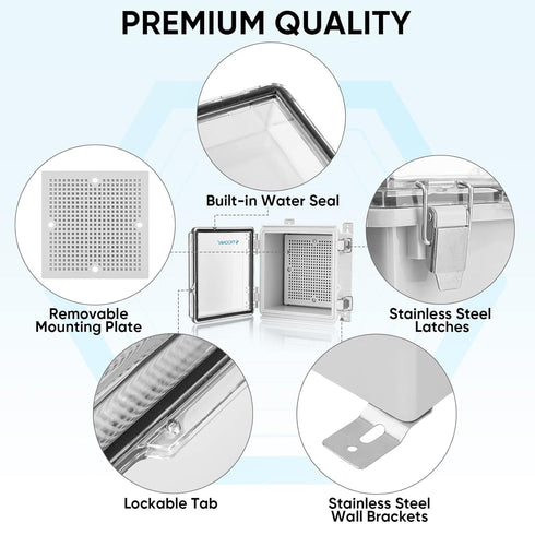 TICONN Waterproof Electrical Junction Box IP67 ABS Plastic Enclosure with Hinged Cover with Mounting Plate, Wall Brackets, Cable Glands (Clear, 5....