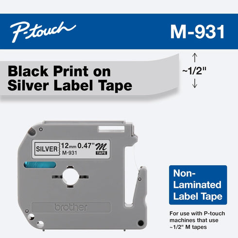 Brother Genuine P-touch M-931 Tape, 1/2" (0.47") Wide Standard Non-Laminated Tape, Black on Silver, Recommended for Home and Indoor Use, 0.47" x 2...