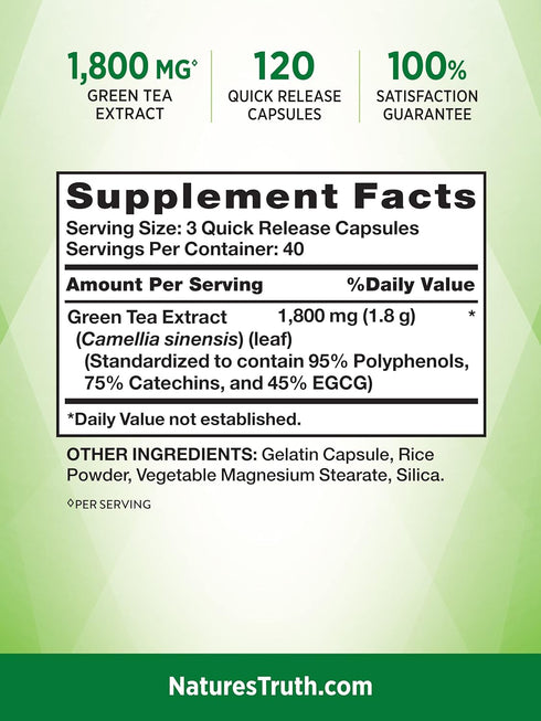 Nature's Truth Green Tea Extract Capsules | 1800mg | 120 Count | Standardized 45% EGCG | Non-GMO & Gluten Free Supplement...