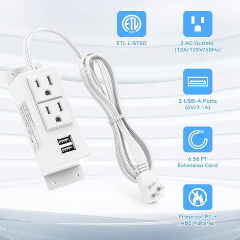 Kungfuking Power Strip with USB, Wall Mountable Socket Surge Protector Power Strip with 2 AC Outlets and 2 USB Charging Ports White Extension Cord...
