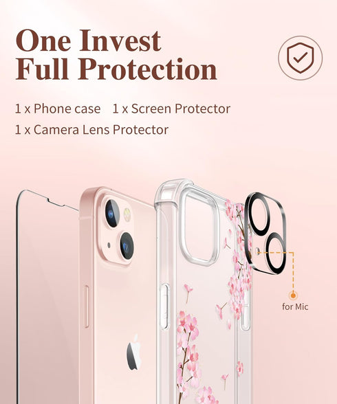GVIEWIN Designed for iPhone 13 Case 6.1 Inch, with Tempered Glass Screen Protector + Camera Lens Protector Clear Flower Soft & Flexible Shockproof...