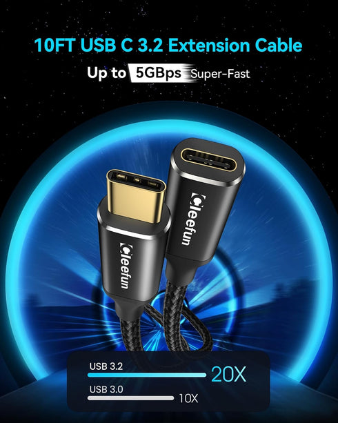 CLEEFUN USB C Extension Cable 10ft, USB C 3.2 Male to USB C Female Extension Cable, 5Gbps Data & 4K Video Sync Transfer USB C Extender Cable 100W ...