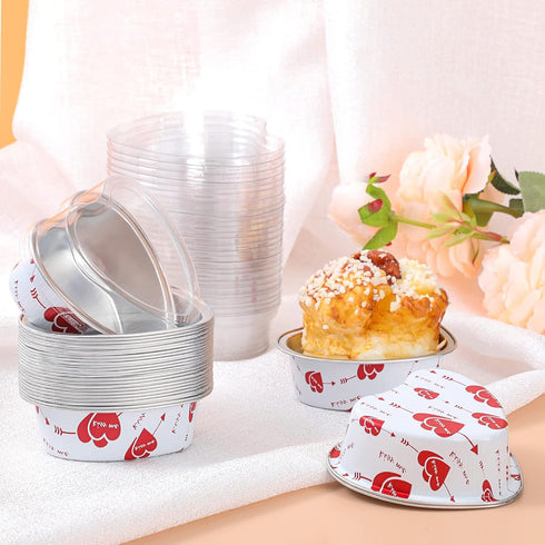 Cunhill 30 Sets Heart Shaped Cake Pans with Lids, 3. 4 Ounces/ 100 ml, Aluminum Foil Mini Disposable Heart Cupcake Pans for Wedding Parties Gift (...