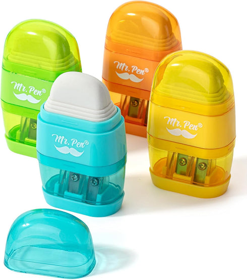 Mr. Pen- Pencil Sharpener & Eraser, 4 Pack, Colorful, 2 Sharpening Holes, Pencil Sharpeners Manual, Manual Pencil Sharpener, Pencils Sharpener, Ha...