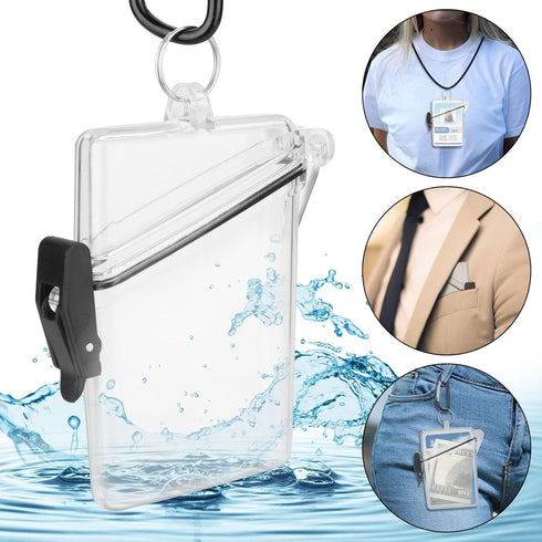 Transparent Clear Waterproof ID Card Badge Holder Case Waterproof Sports Case Vertical Badge Holders with Lanyard and Keychain,Identification Badg...
