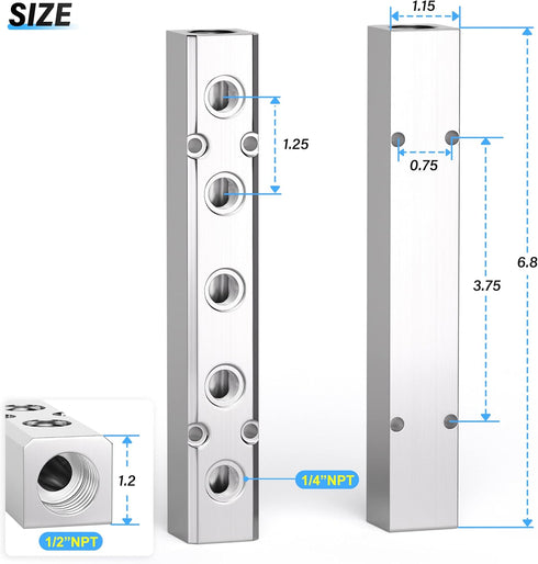 TAILONZ PNEUMATIC Silver 5 Way Pneumatic Shunt Aluminum Block Pneumatic Manifold Air Distribution Block Air path exhaust air source distributor,Co...