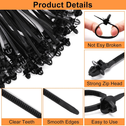 Umbrella Wing Nylon Push Mount Zip Ties 50Pcs, Heavy Duty Black Wire Zips Tie Mounts, Self Locking Push Mount Cable Zip Tie for Engine Bay Wire Ha...