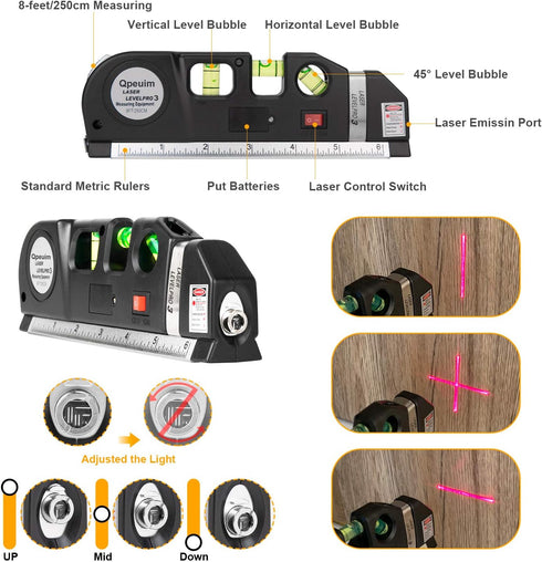 Laser Level Tool, Multipurpose Laser Level Kit Standard Cross Line Laser level Laser Line leveler Beam Tool with Metric Rulers by QPEUIM...