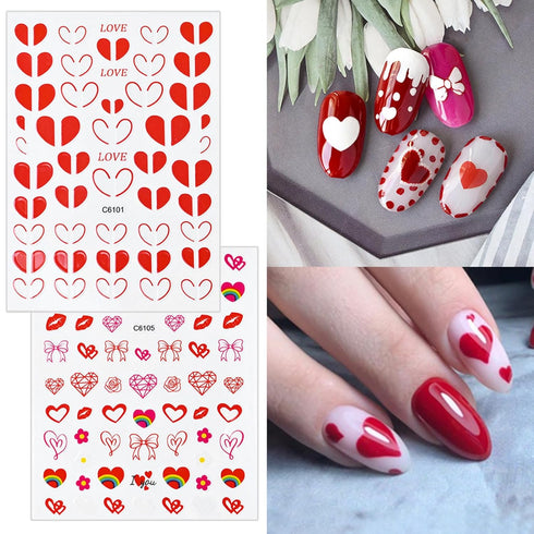 Valentine's Day Nail Stickers Decals Cute Heart Nail Art Decals 3D Self-Adhesive Nail Stickers Heart Strawberry Bow Flower Nail Designs Nail Decal...