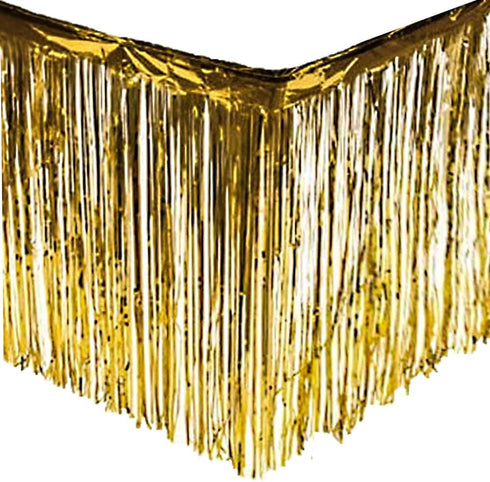 2 Pack Metallic Foil Fringe Table Skirt Tinsel Party Table Skirt Banner for Parade Floats Mardi Gras Party Decoration?L108 inH 29in? (Gold, 2pack)...
