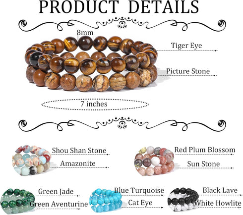 WAINIS 12Pcs 8mm Semi-Precious Gemstones Beaded Bracelets for Men Women Crystal Stretch Handmade stackable Stone Bracelet Unisex...