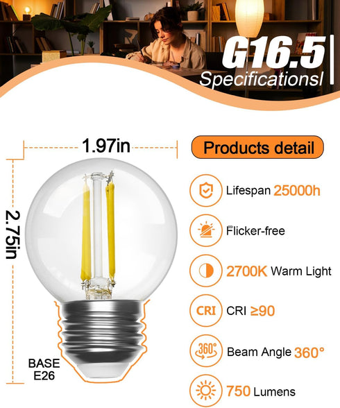 E26 Bulbs 60 watt G16.5 LED Light Globe Small Light Bulb, Warm White 2700K, Vintage Edison Bulb, Led Edison Bulb 6W for Celling Fan Vanity Light C...
