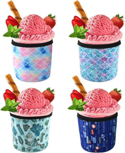 4 Pack Ice Cream Pint Size Ice Cream Sleeves Neoprene Cover with Spoon Holder Cover (Plant+Fish scales)...