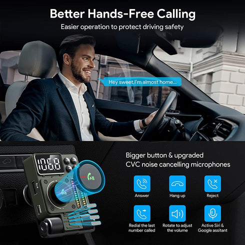 LENCENT FM Bluetooth 5.3 Transmitter for Car, Adjustable Treble and Bass Sound Music Player, Bluetooth Car Adapter for Hands Free Calls, Supports ...