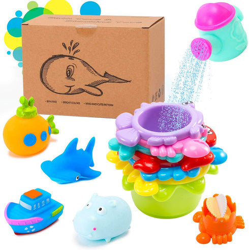 INNOCHEER Baby Bath Toys for Water Table, Toddler Water Toys with Mold Free Bath Toys Stacking Cups, Quick Dry Organizer Net, 13 Pcs Water Table T...