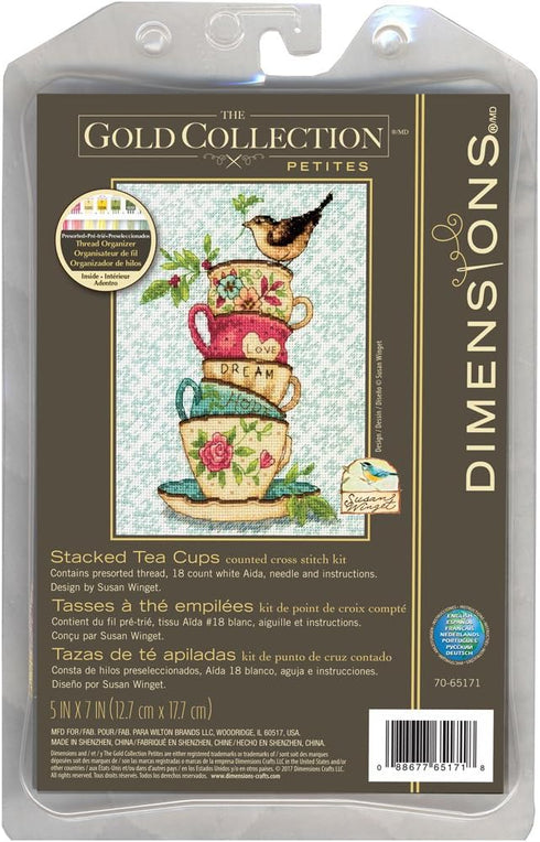 Dimensions 70-65171 Gold Collection Stacked Tea Cups Advanced Counted Cross Stitch Kit, 18 Count White Aida, 7" x 5"...