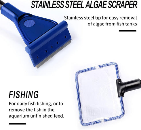 Fish Tank Cleaning Tools, 5 in 1 Cleaning Tool Kit, Aquarium Clean Set,Fish Net Gravel Rake Algae Scraper Fork Sponge Brush Glass Cleaner Tools Ki...