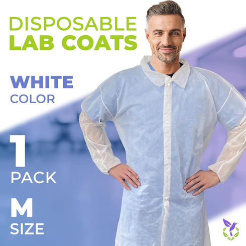 AMZ Disposable Lab Coats for Adults, Medium. White Polypropylene Knee Length Lab Coat Disposable. 30 GSM PPE Coat with 4 Snaps and Elastic Wrists....