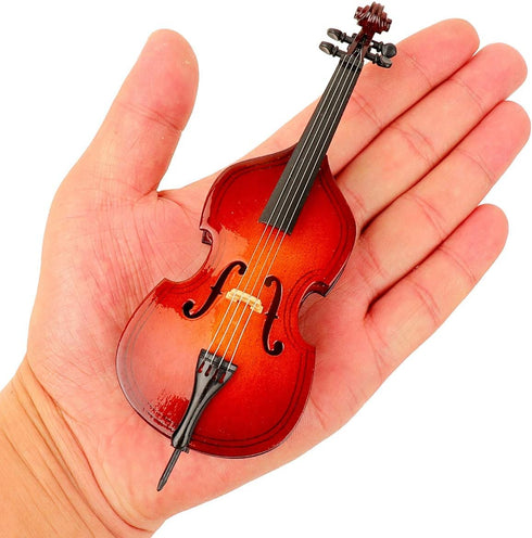 Dselvgvu Wooden Miniature Double Bass with Stand,Bow and Case Mini Contrabass Replica Mini Musical Instrument Collectible Miniature Dollhouse Mode...