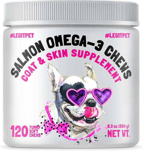 Omega 3 Alaskan Salmon Oil Treats for Dogs 120 Fish Oil Chew Supplement Skin and Coat Allergy and Itch Relief Hip & Joint Health Brain Shedding Ho...