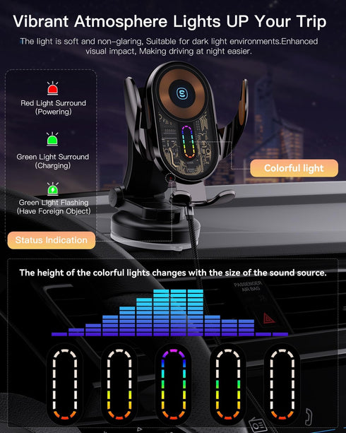 Wireless Car Charger, ESSAGER 15W Fast Charging Car Phone Holder Mount Auto Clamping Cell Phone Stand for iPhone 15 14 13 12 11 Pro Max, Samsung G...