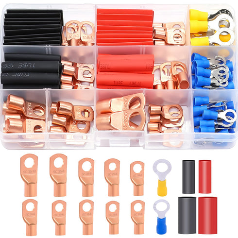 Twidec/110PCS Battery Cable Ends AWG 2 4 6 8 10 12 14 16 Gauge Copper Cable Wire Lugs,Ring Terminals Connectors,Copper Ring Terminals with Heat Sh...