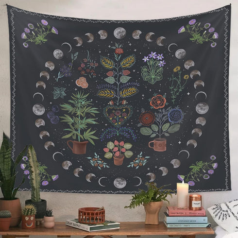 LINICE Nature Moon Phase Wall Hanging, Bohemian Mandala Tapestry Aesthetic Bedroom Decor, Botanical Tapestry Suitable For Bedroom Home Dorm...