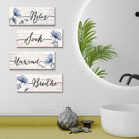 YIGAGNY 4 Pieces Bathroom Wall Decor Wooden Rustic Farmhouse Bathroom Wall Art Hanging Sign 10 x 4 Inch Blue Bathroom Accessories Decor for Spa La...