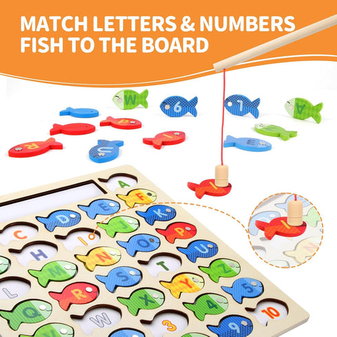Wooden Magnetic Fishing Game for Toddlers, Montessori Fine Motor Skills Toy with Letters and Numbers, Preschool Learning ABC and Puzzle Birthday T...