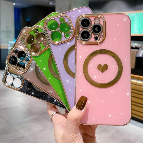 MGQILING Compatible with iPhone 14 Pro Max Magnetic Glitter Case-6.7 Inch, Luxury Love Heart Pattern Plating Case, Compatible with MagSafe for Wom...