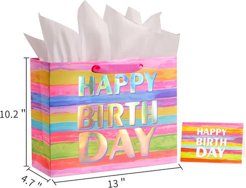 13" Large Birthday Gift Bag with Tissue Paper and Greeting Card – Colorful Gift Bag for Kids, Women, or Mom’s Birthday...