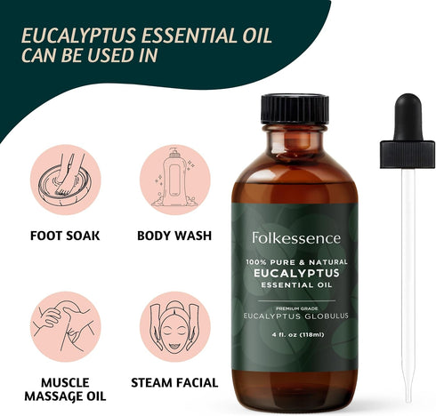 Folkulture Eucalyptus Essential Oil for Diffuser - 4 Fl Oz - 100% Pure, Natural and Undilluted Essential Oil, Premium Grade with Glass Dropper, Na...