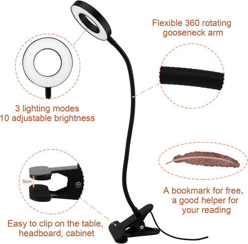 LED Clip On Light Reading Light, 10 Dimmable Brightness Gooseneck Clamp Desk Ring Light with Metal Bookmark for Reading Makeup Bedside (Size:Lamp+...