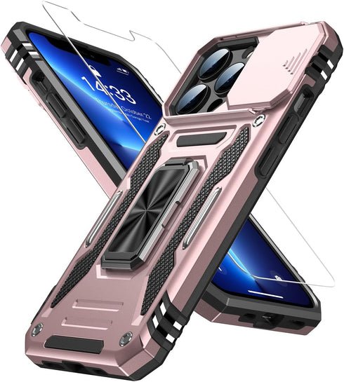 MERRO for iPhone 13 Pro Case with Screen Protector,Sliding Camera Cover,Military-Grade Cover with Magnetic Stand Phone Case 6.1" Rose Gold...