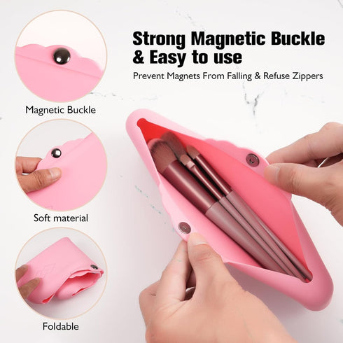 Silicone Makeup Brush Holder Bags: Cosmetic Case with Magnetic-Metal-Buttons for Travel, Makeup Pouch Case for Makeup Tools Storage...