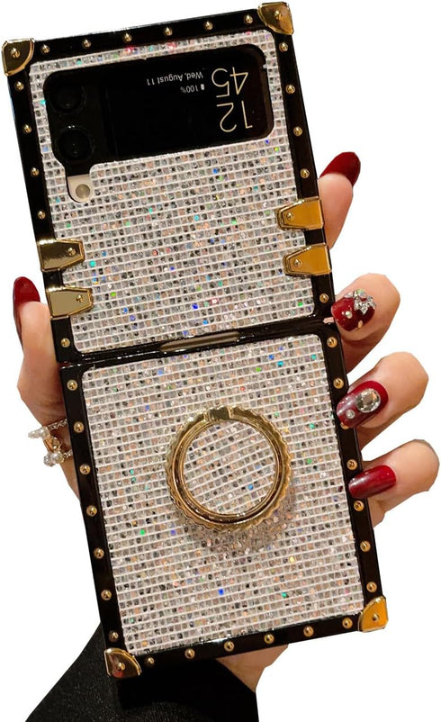 for Samsung Galaxy Z Flip 4 Bling Case,Luxury Bling Glitter Sparkle Cute Gold Square Corner Soft Trunk Cover with Finger Ring Grip Kickstand Phone...