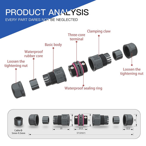 AOHUA M16 Waterproof Connector IP68 Outdoor Electrical Junction Box for 3-pin Cables Ø 5.0-9.5mm UL Certification...