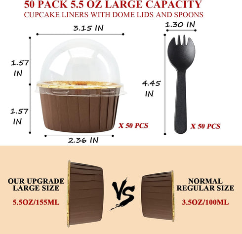 5.5 Oz Foil Cupcake Cups Muffin Tins 50 Pack,LNYZQUS Cupcake Liners With Dome Lids,Disposable Ramekins Pans Tins Cupcake Wrappers Holders,Large Mu...