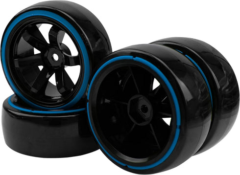 1/10 RC Drift Car Tires Hard Plastic Tyre & 12mm Hex Hub Wheel Rims 6 Spoke Compatible with Traxxas HSP Tamiya Kyosho HPI Redcat Racing MST 1/10 O...