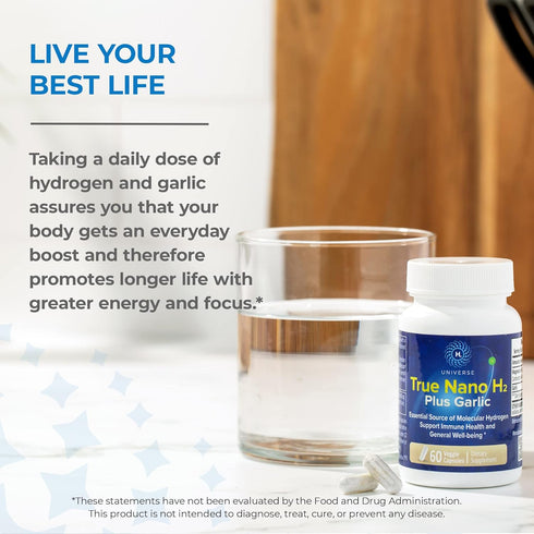 True Nano H2 with Garlic by H2 Universe | Molecular Hydrogen with Active Hydrogen Nanobubbles, Boosts Energy, Powerful Antioxidant| 60 Capsules...
